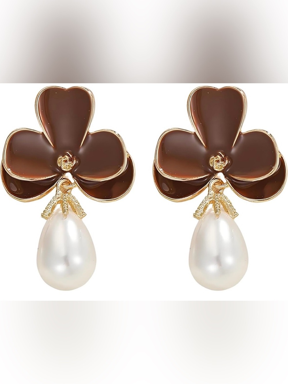Anthropologie Gold Tone Edged Brown Floral Studs with Pearl Drops